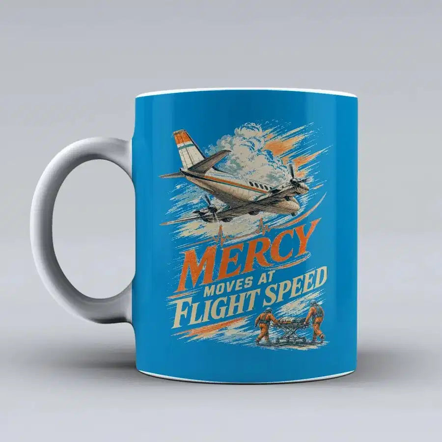 658 - Mercy Moves At Flight Speed - Mug design on turquoise signal