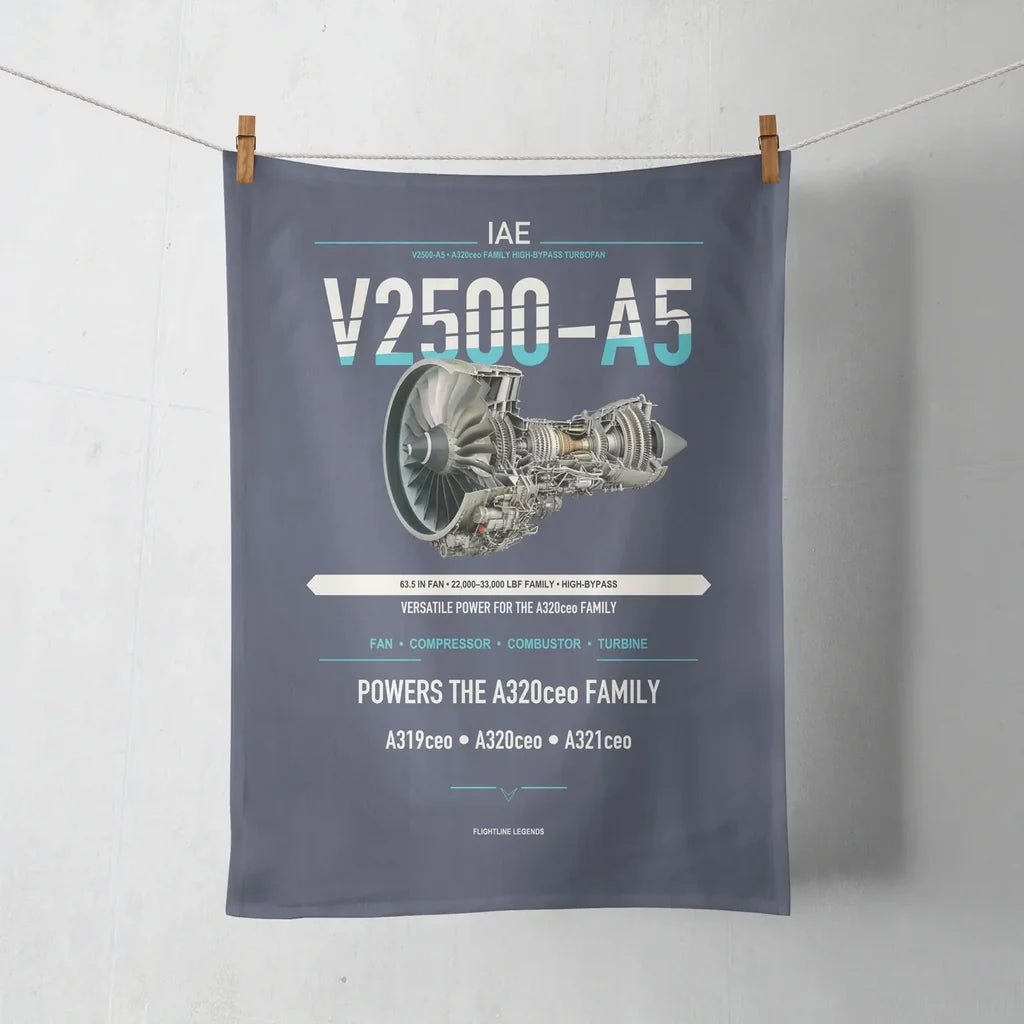 V2500-A5 design on navy blue towel