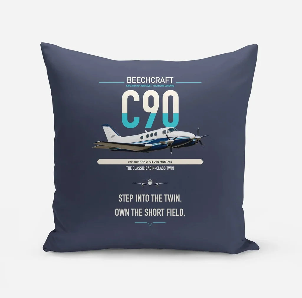 Beechcraft King Air C90 design on navy blue pillow