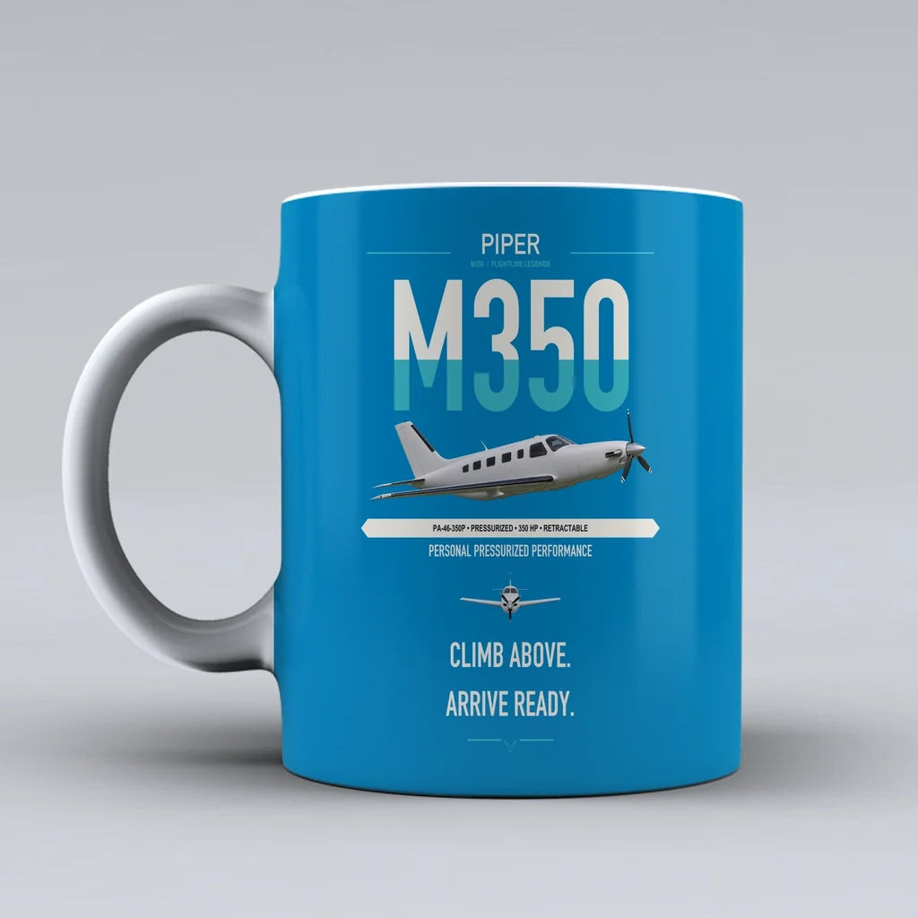 Piper M350 design on turquoise ceramic mug, double-side print