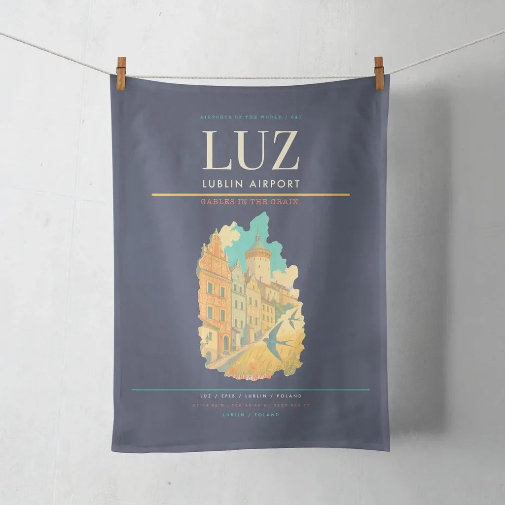 Lublin Airport (LUZ) design on navy blue towel