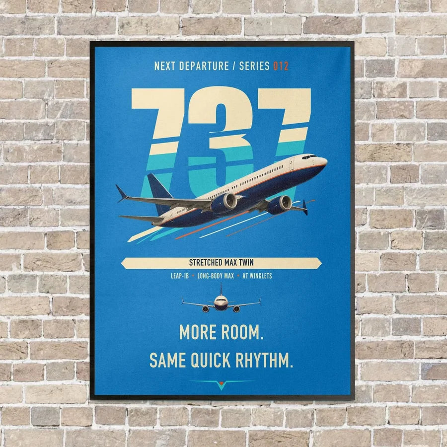Boeing 737 MAX 9 vertical canvas print - framed - turquoise background
