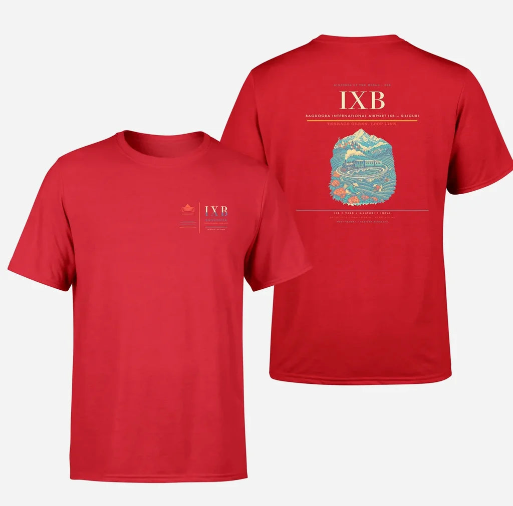 Bagdogra International Airport (IXB) design printed on red double-side t-shirt