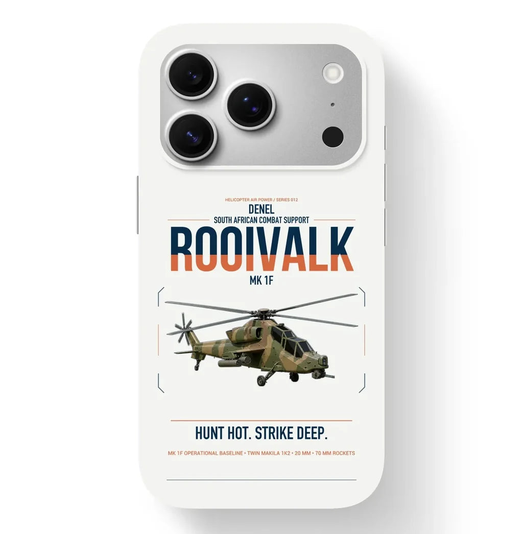 Denel Rooivalk Mk 1F design on white magsafe iphone case, for iPhone 17 Pro
