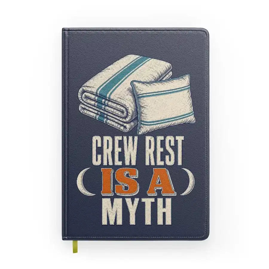 Crew Rest Is A Myth design on navy blue notebook