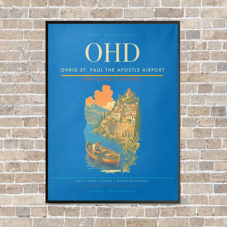Ohrid St. Paul the Apostle Airport OHD vertical canvas print - framed - turquoise background