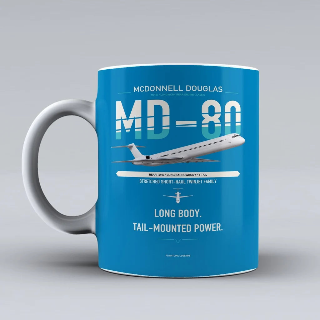 McDonnell Douglas MD-80 design on turquoise ceramic mug, double-side print