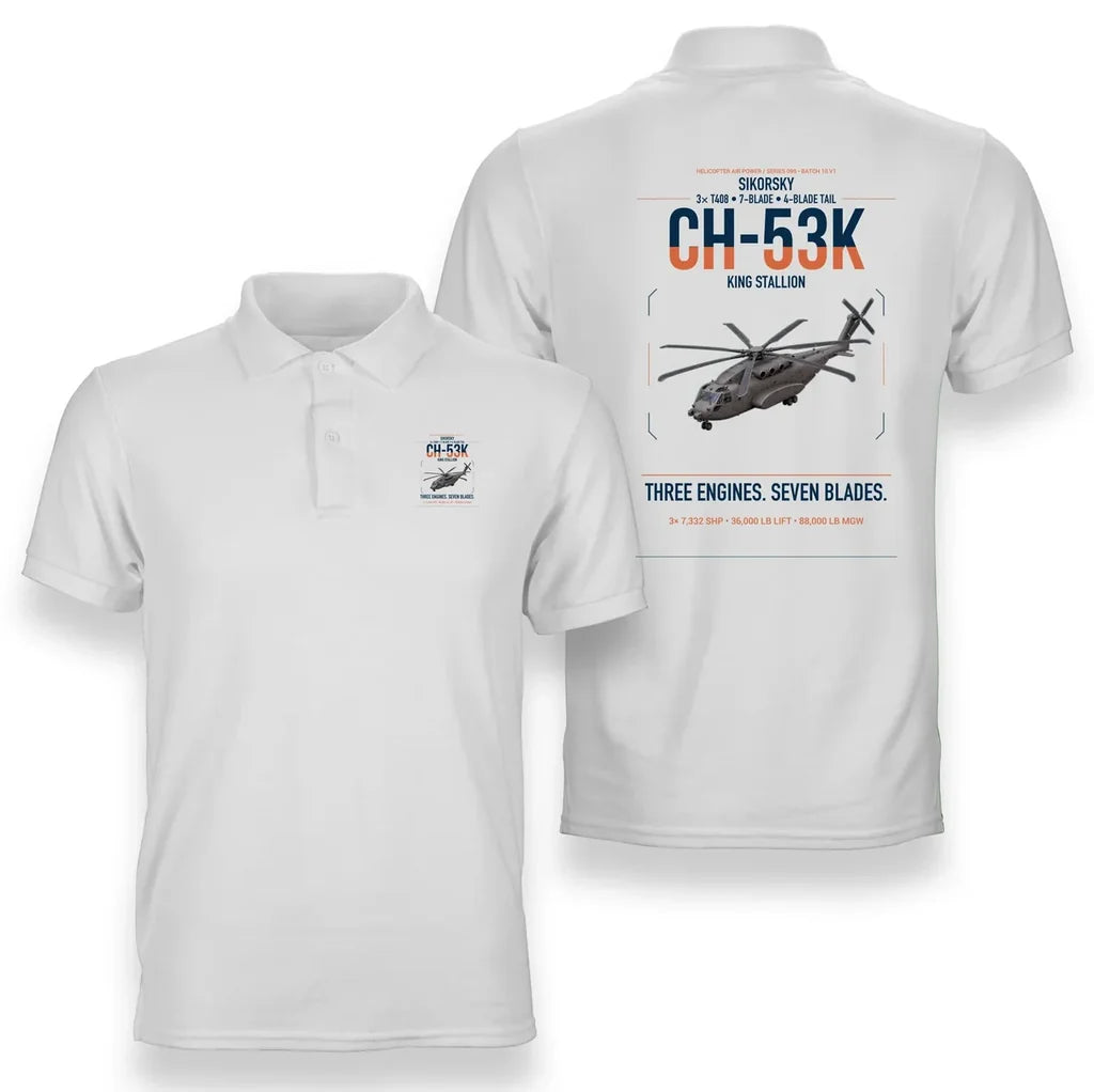 Sikorsky CH-53K King Stallion design on white double-side polo t-shirt, double-side print