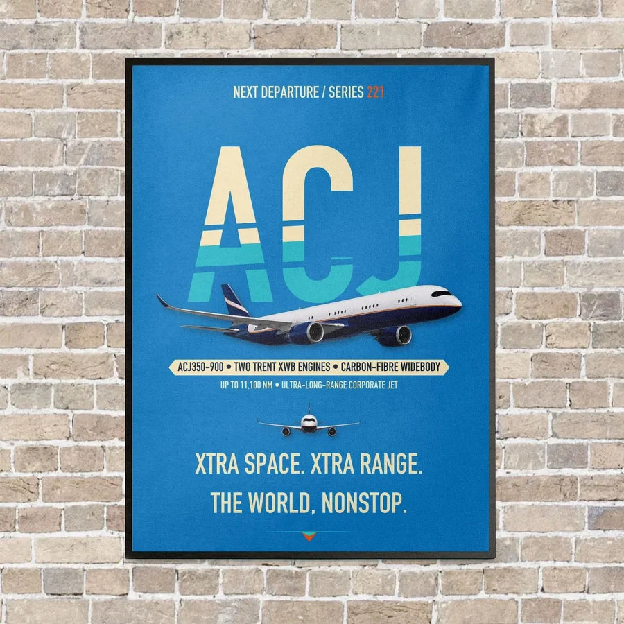 Airbus ACJ350 / exact ACJ350-900 vertical canvas print - framed - turquoise background