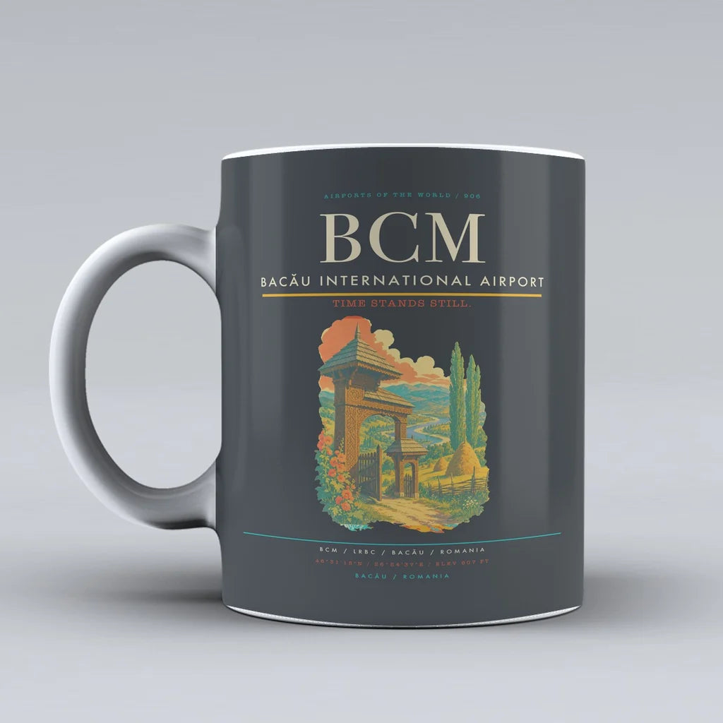 Bacău International Airport (BCM) airport code design on gray ceramic mug