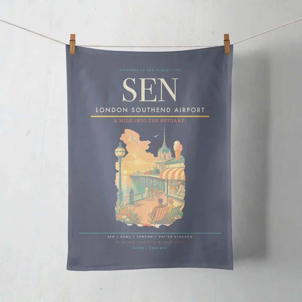 London Southend Airport (SEN) design on navy blue towel