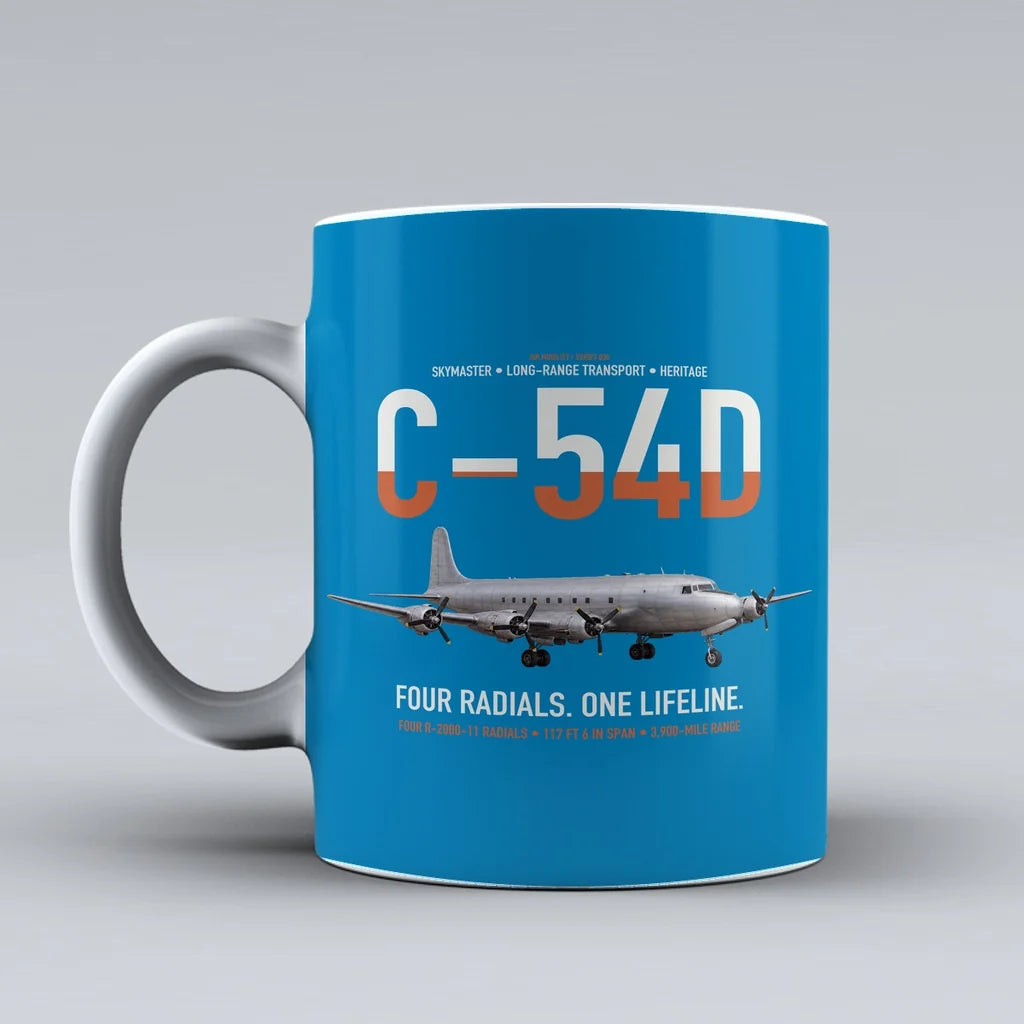 C-54D Skymaster design on turquoise ceramic mug, double-side print