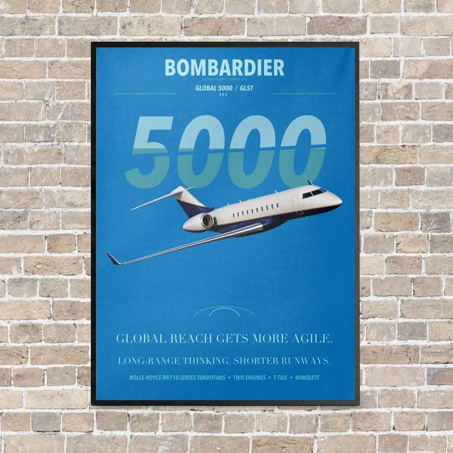 Bombardier Global 5000 vertical canvas print - framed - turquoise background