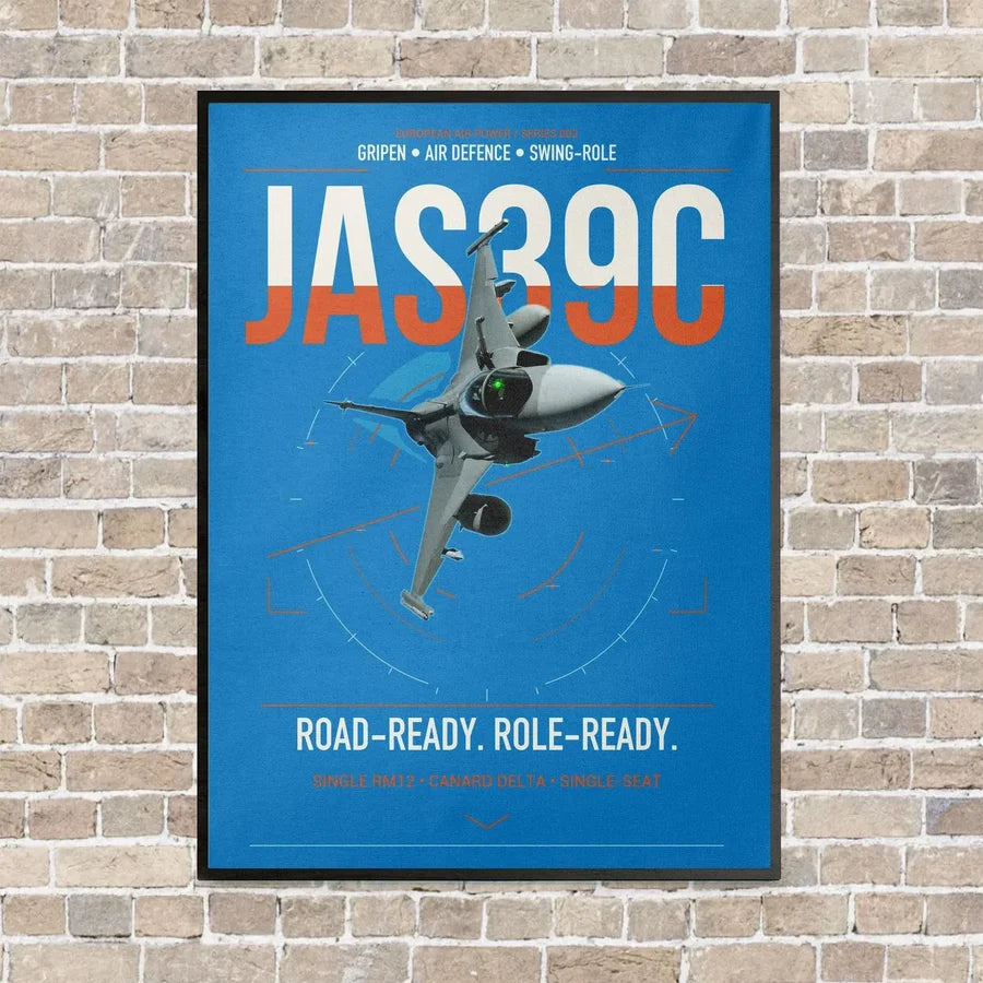 Saab JAS 39C Gripen vertical canvas print - framed - turquoise background