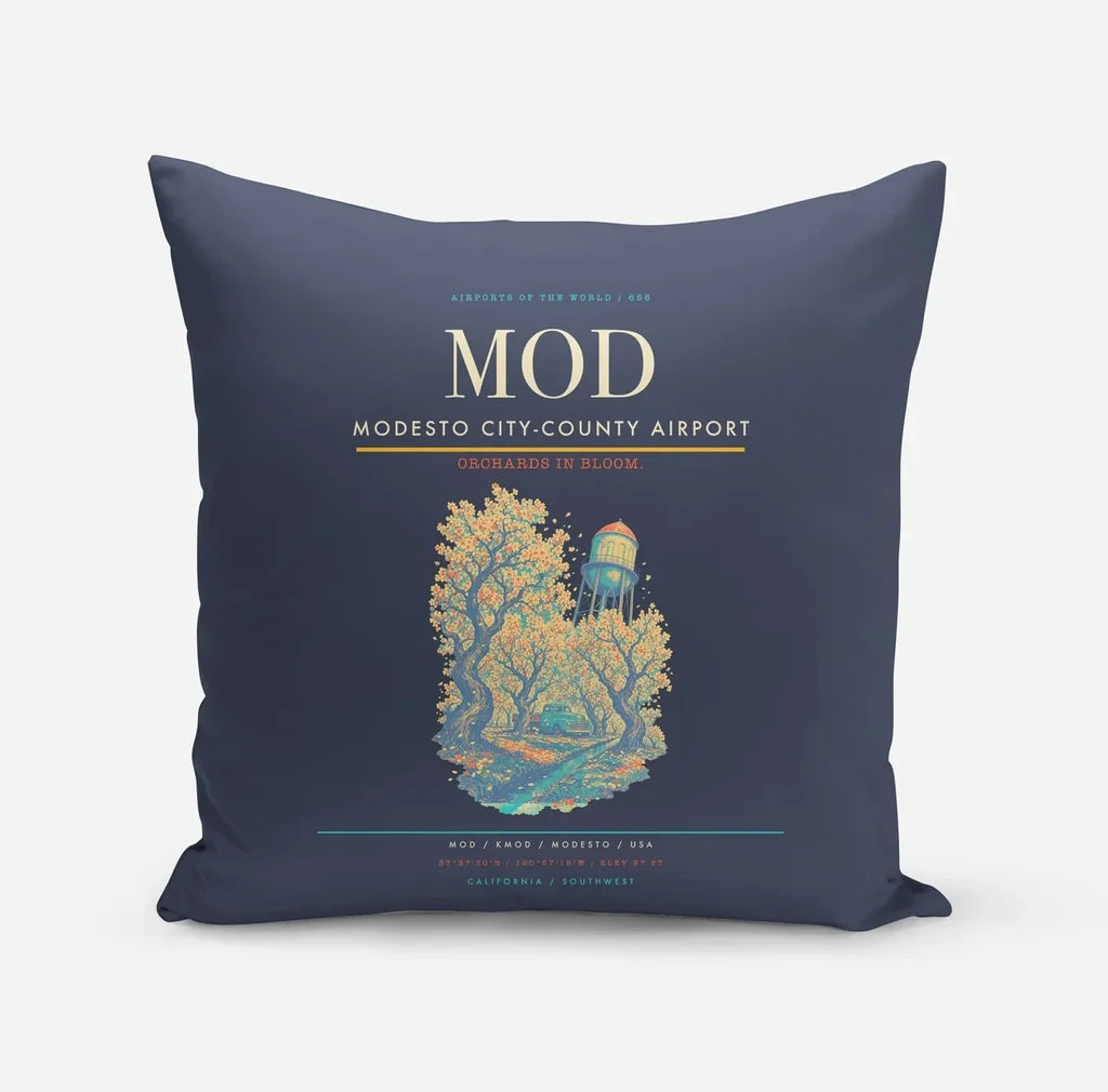 Modesto City-County Airport (MOD) design on navy blue pillow