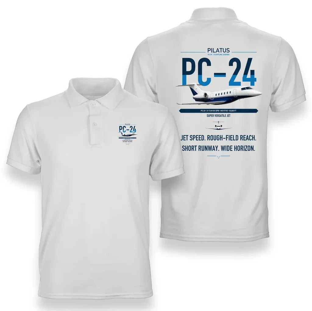 Pilatus PC-24 design on white double-side polo t-shirt, double-side print