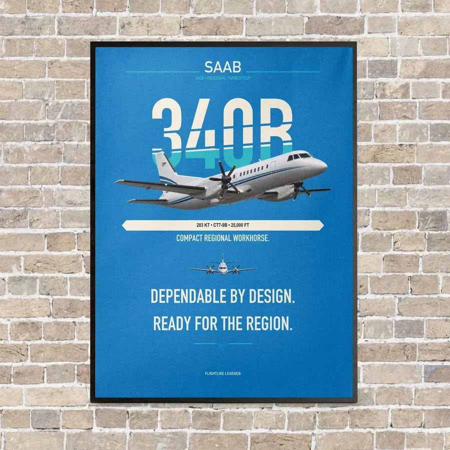Saab 340B vertical canvas print - framed - turquoise background