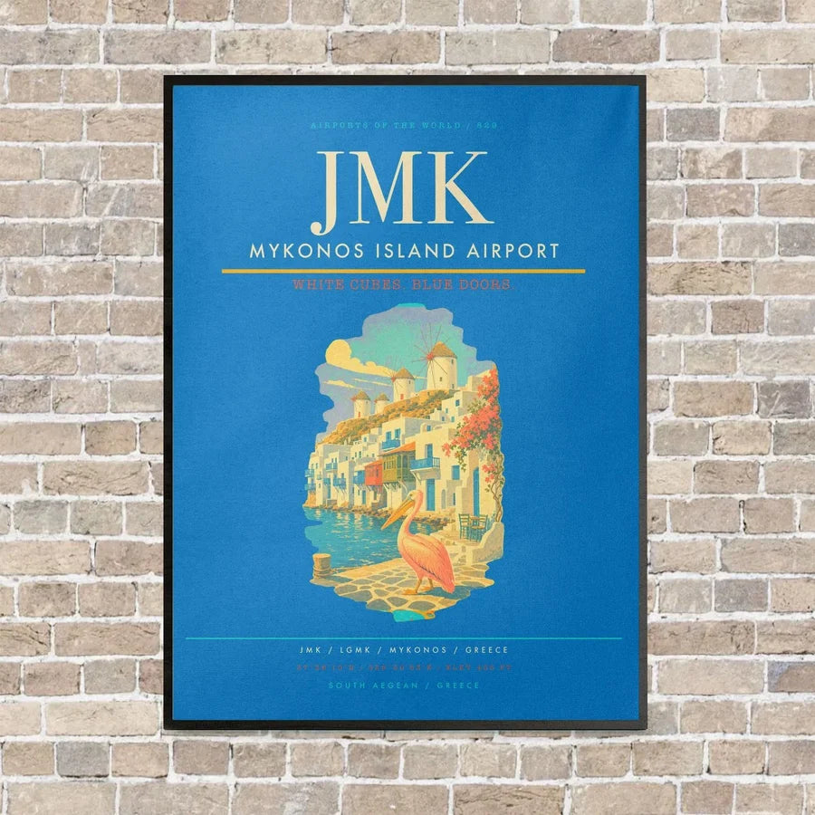 Mykonos Island Airport JMK vertical canvas print - framed - turquoise background