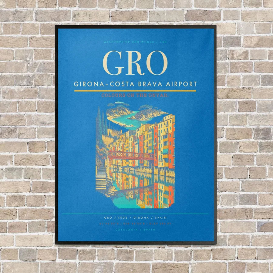 Girona–Costa Brava Airport GRO vertical canvas print - framed - turquoise background