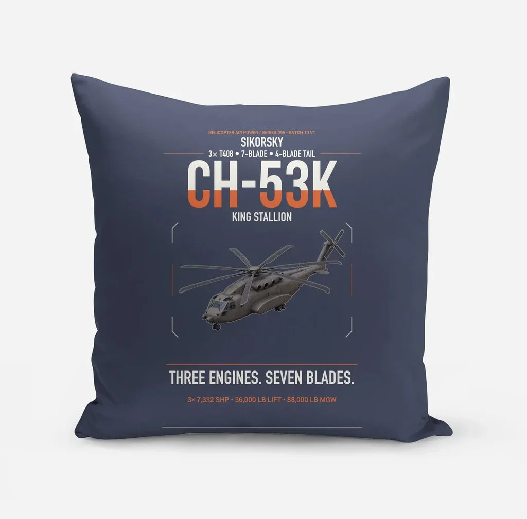 Sikorsky CH-53K King Stallion design on navy blue pillow