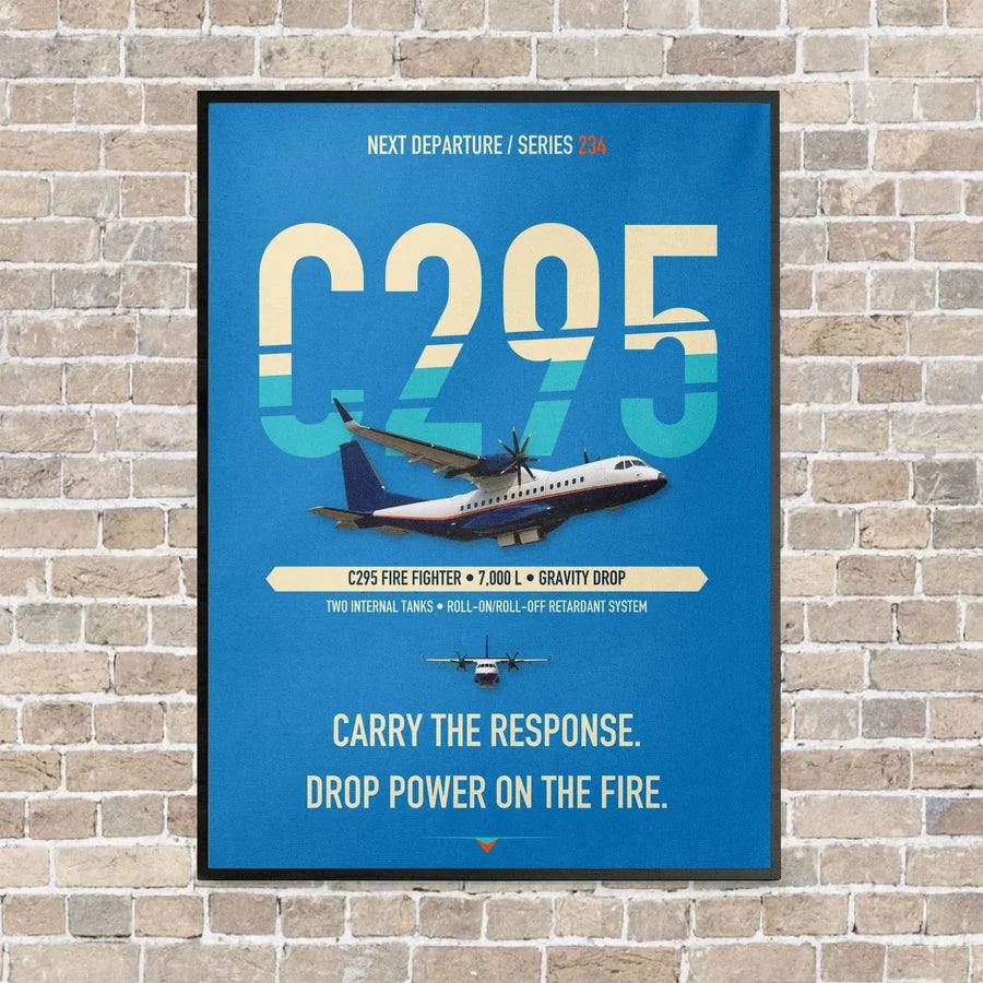 Airbus C295 Firefighter vertical canvas print - framed - turquoise background