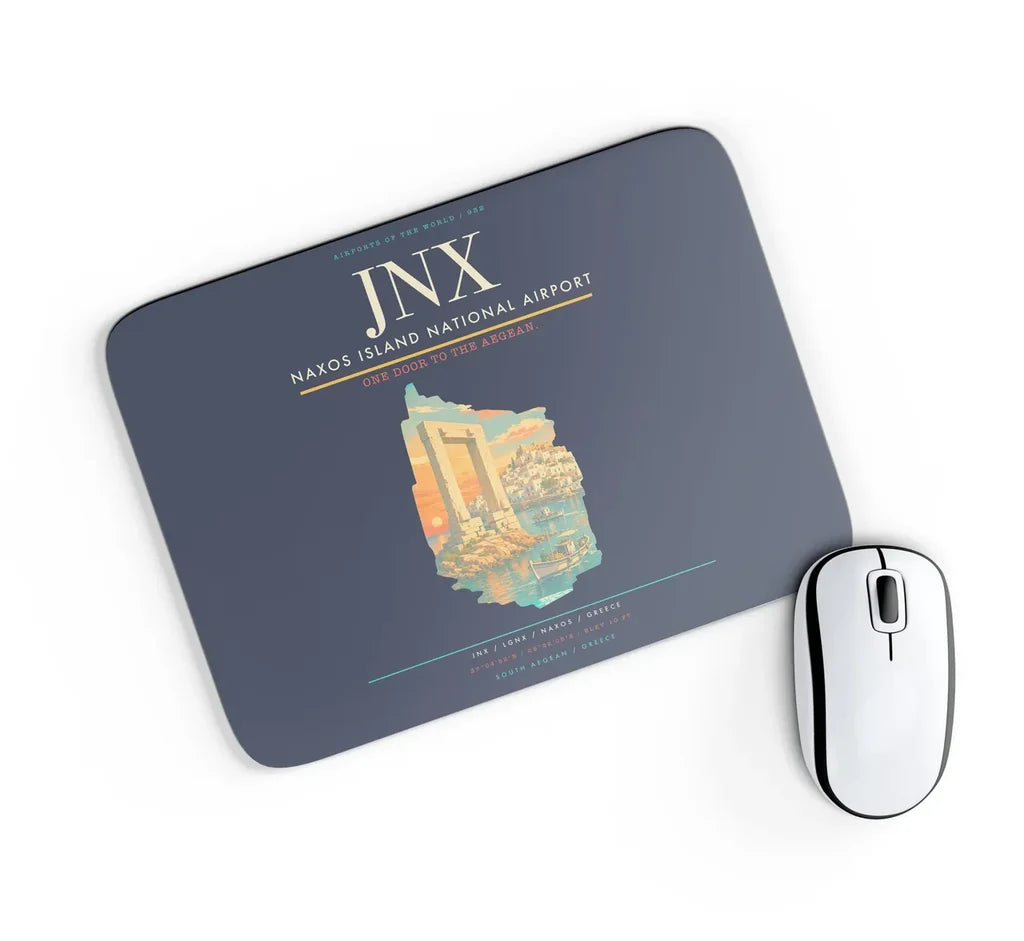 Naxos Island National Airport (JNX) design on navy blue rectangle mouse pad