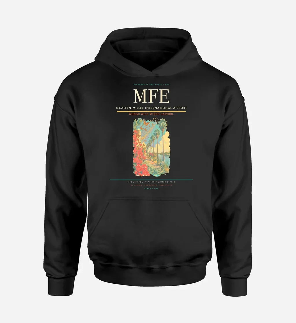McAllen Miller International Airport (MFE) design on black hoodie single-side print