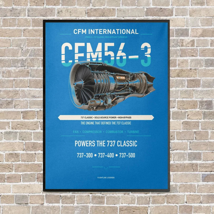 CFM56-3 vertical canvas print - framed - turquoise background