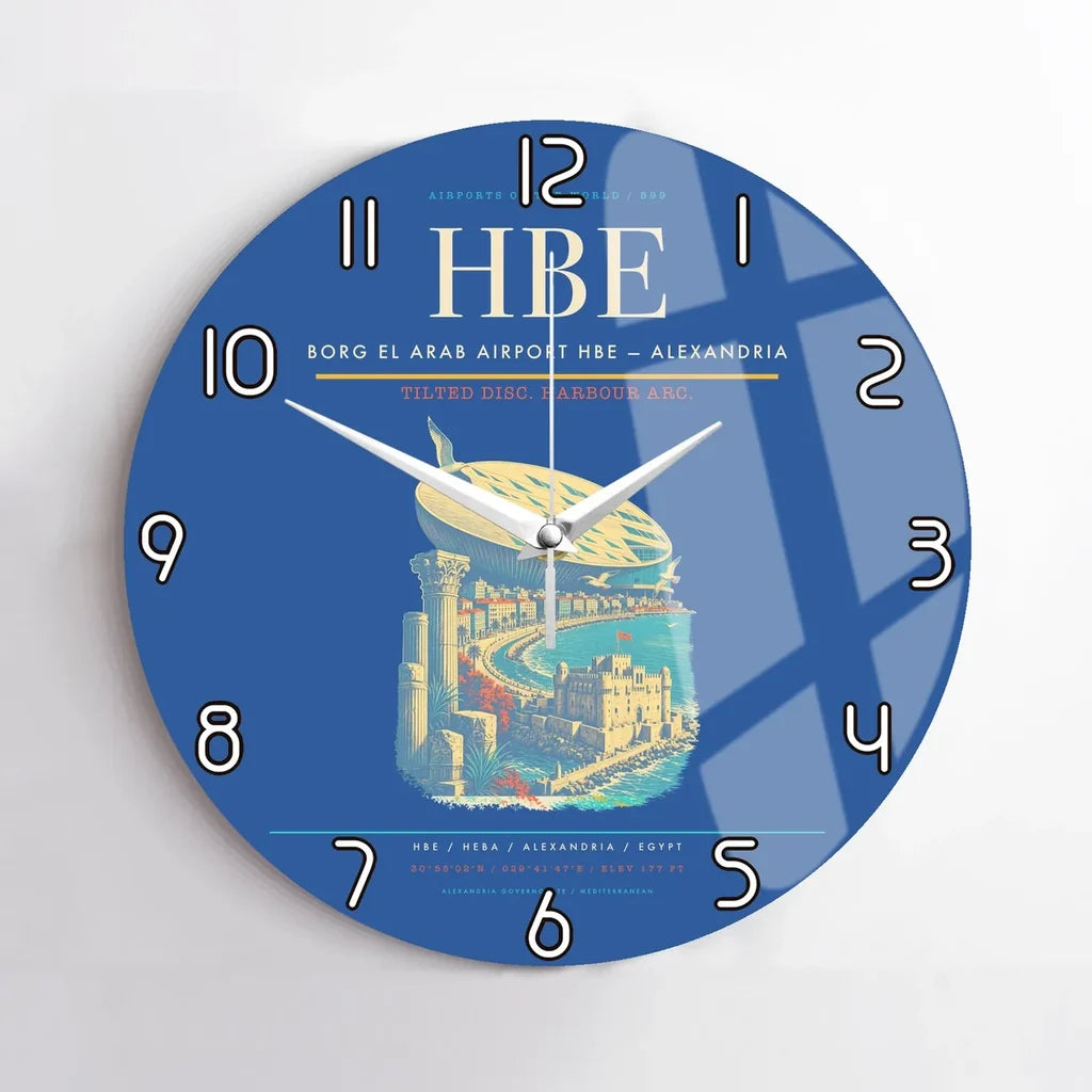 Borg El Arab Airport (HBE) design on blue no frame wall clock