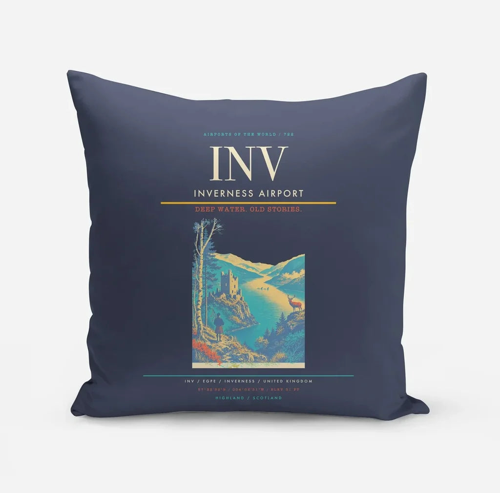 Inverness Airport (INV) design on navy blue pillow