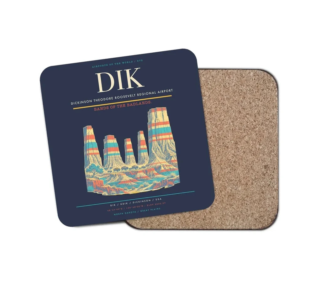 Dickinson Theodore Roosevelt Regional Airport (DIK) design on navy blue 1 piece coaster
