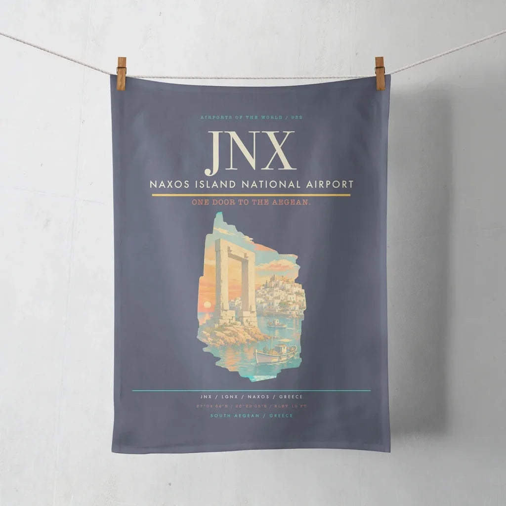Naxos Island National Airport (JNX) design on navy blue towel