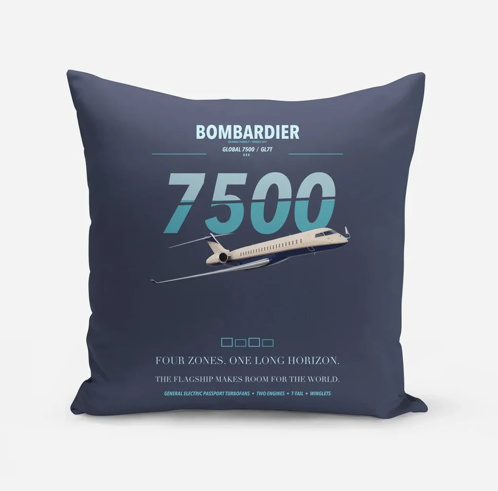 Bombardier Global 7500 design on navy blue pillow