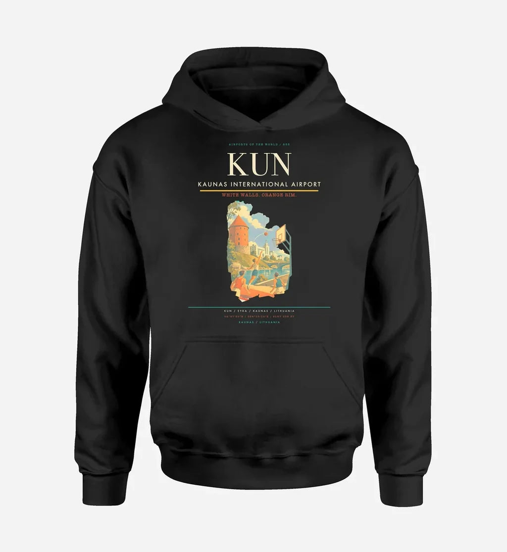 Kaunas International Airport (KUN) design on black hoodie single-side print