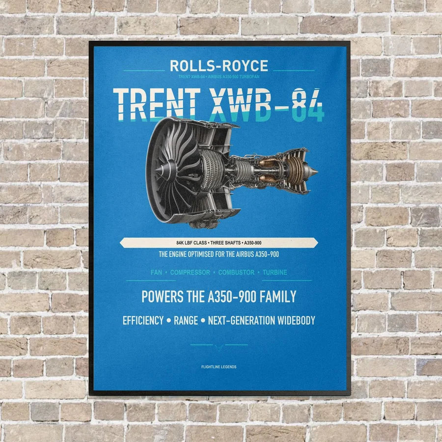 TRENT XWB-84 vertical canvas print - framed - turquoise background