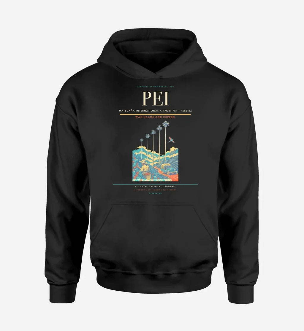 Matecaña International Airport (PEI) design on black hoodie single-side print