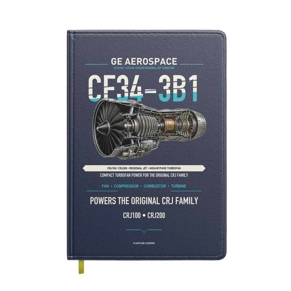 CF34-3B1 design on navy blue notebook