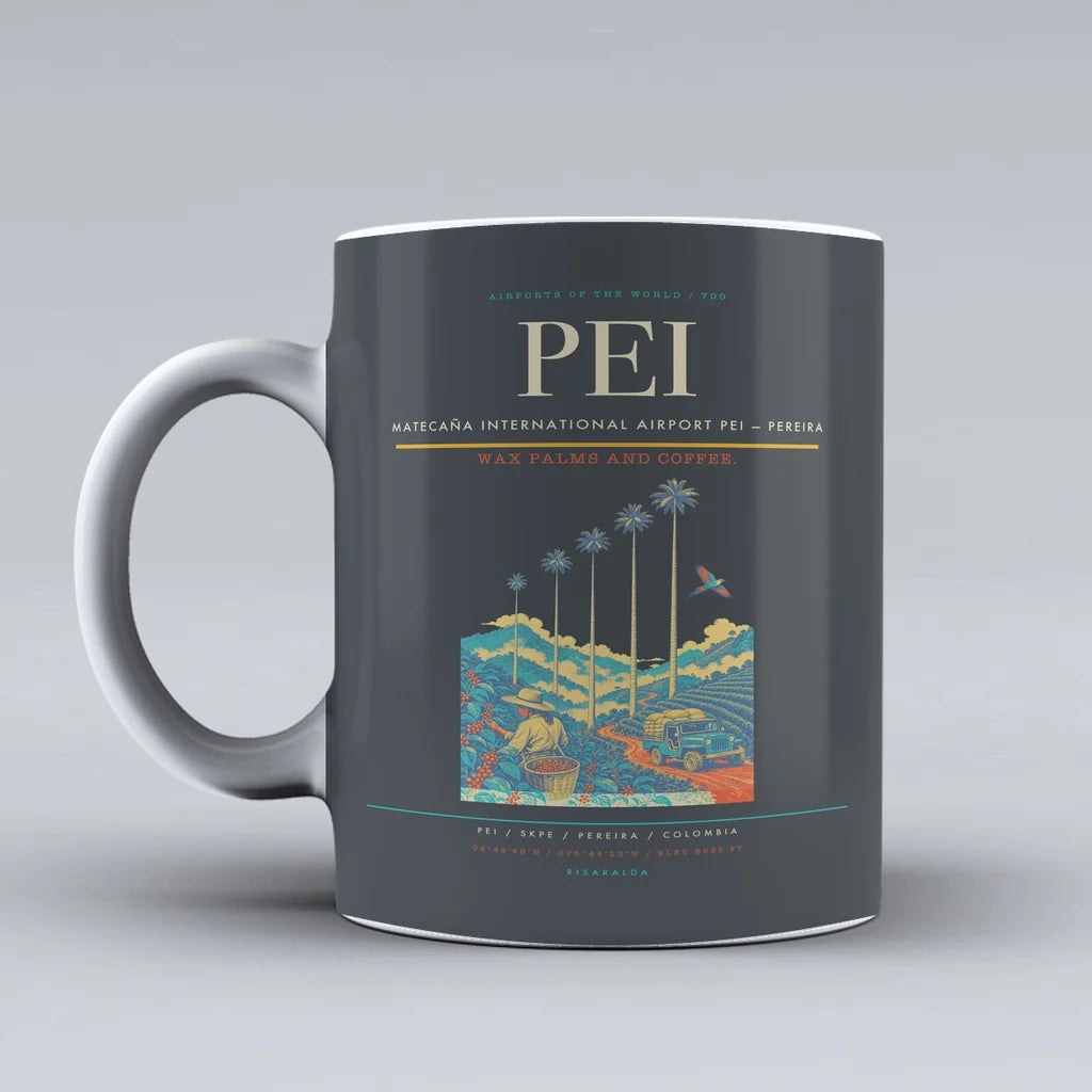Matecaña International Airport (PEI) airport code design on gray ceramic mug