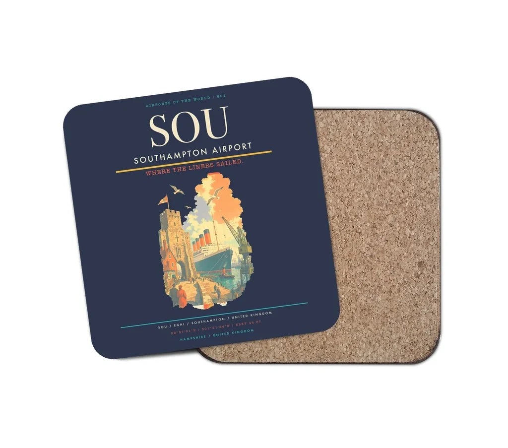 Southampton Airport (SOU) design on navy blue 1 piece coaster