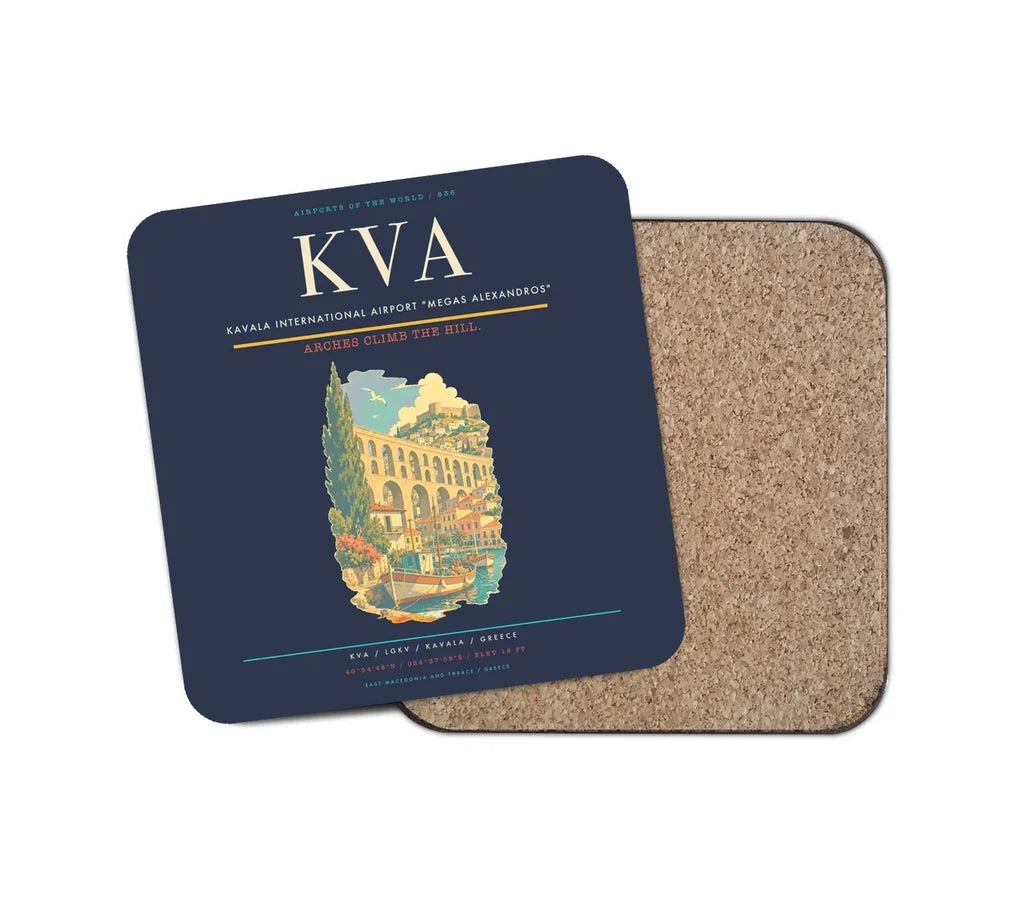 Kavala International Airport Megas Alexandros (KVA) design on navy blue 1 piece coaster