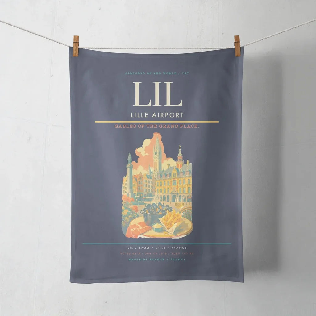 Lille Airport (LIL) design on navy blue towel