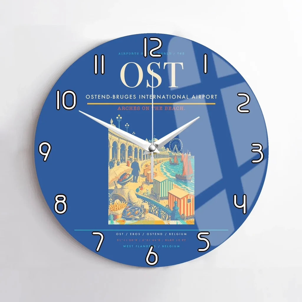 Ostend-Bruges International Airport (OST) design on blue no frame wall clock