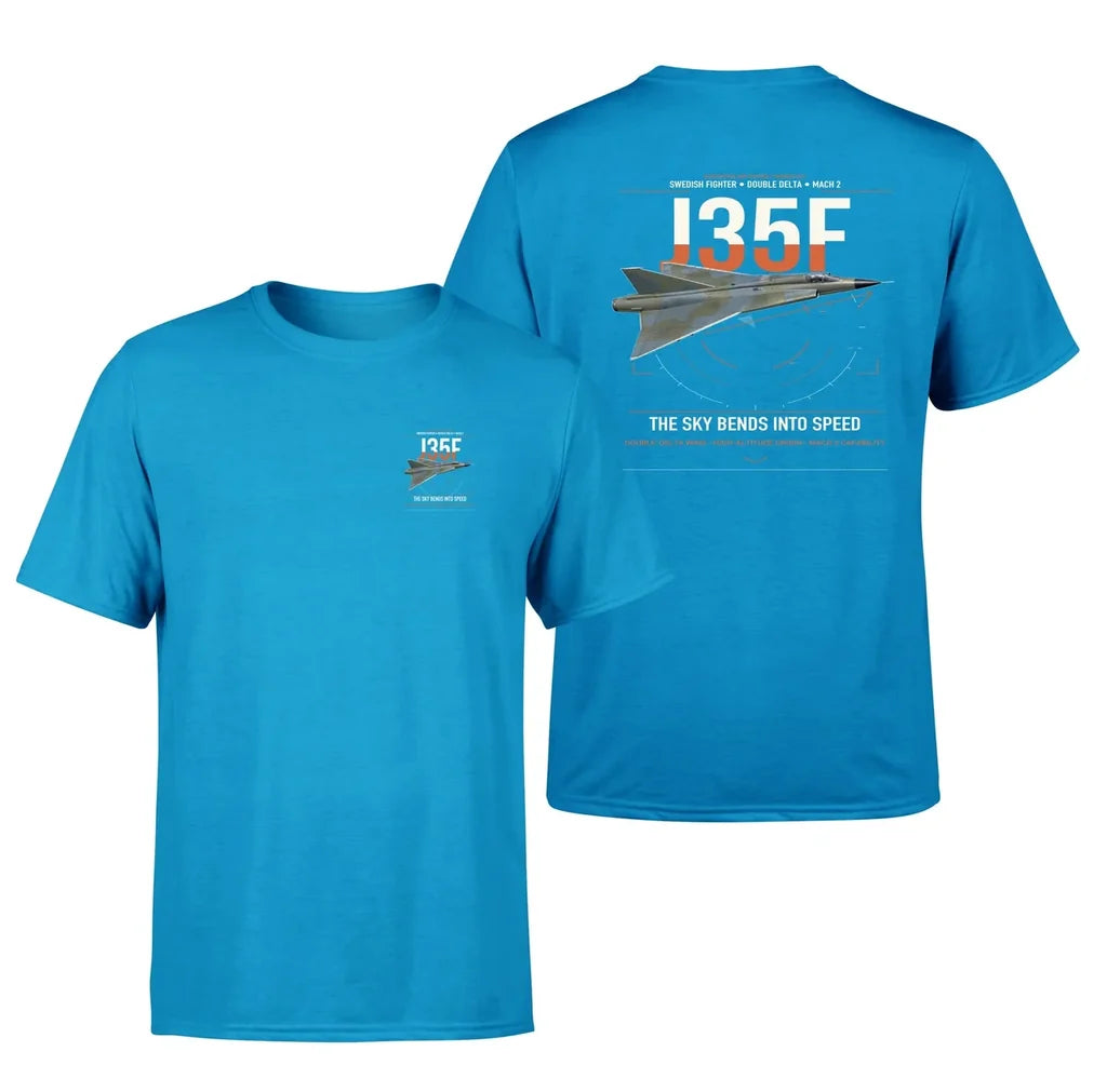 Saab J 35F Draken design on turquoise t-shirt, double-side print
