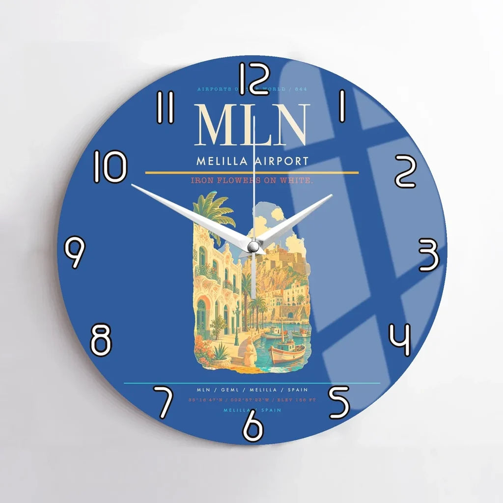 Melilla Airport (MLN) design on blue no frame wall clock