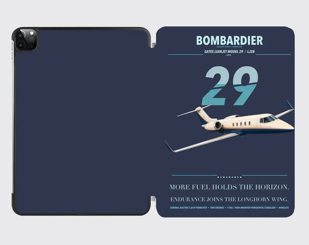 Bombardier Learjet 29 design on navy blue ipad tablet case