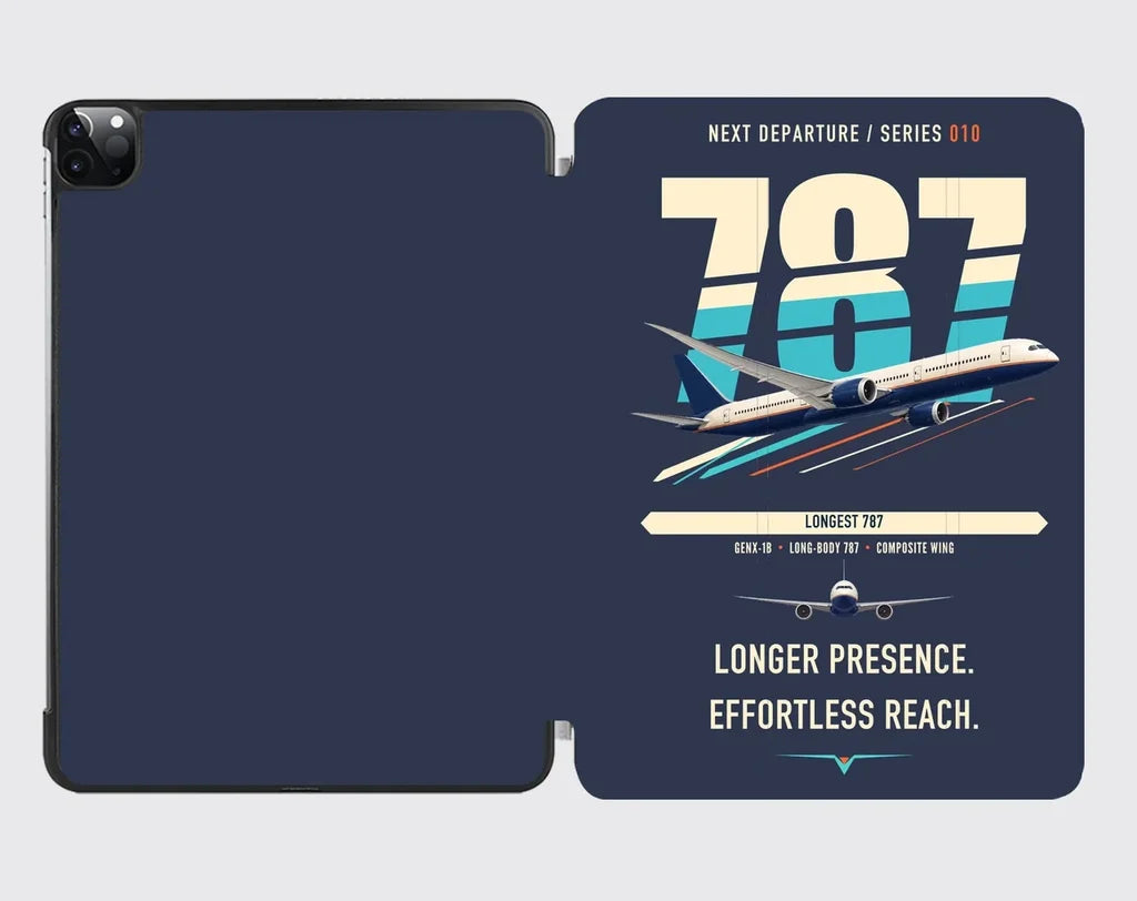 Boeing 787-10 Dreamliner design on navy blue ipad tablet case