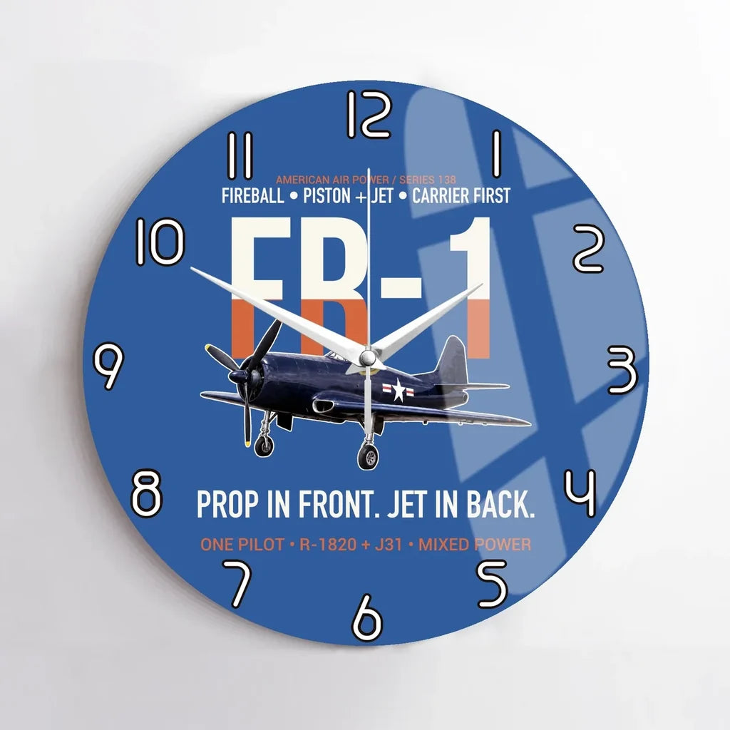 FR-1 Fireball Prop in Front Jet in Back design on blue no frame wall clock