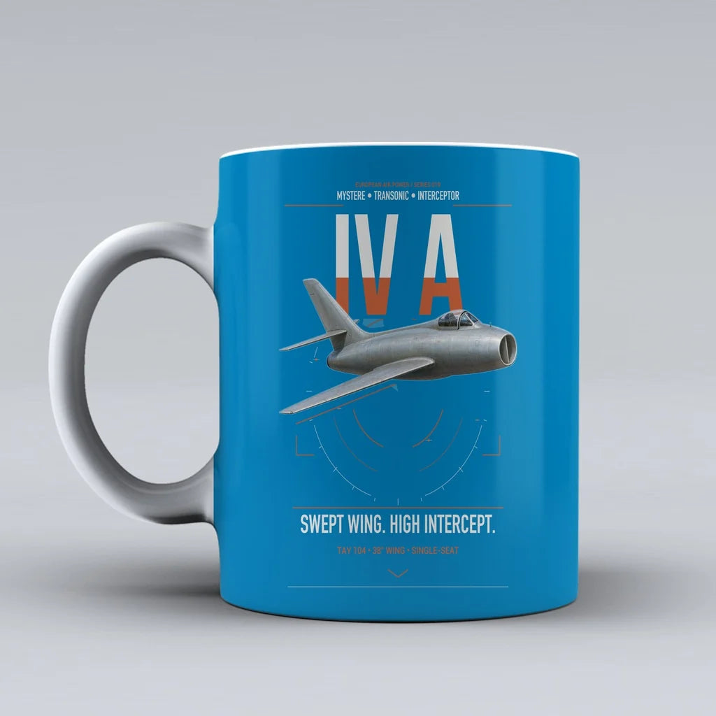 Dassault Mystère IV A design on turquoise ceramic mug, double-side print