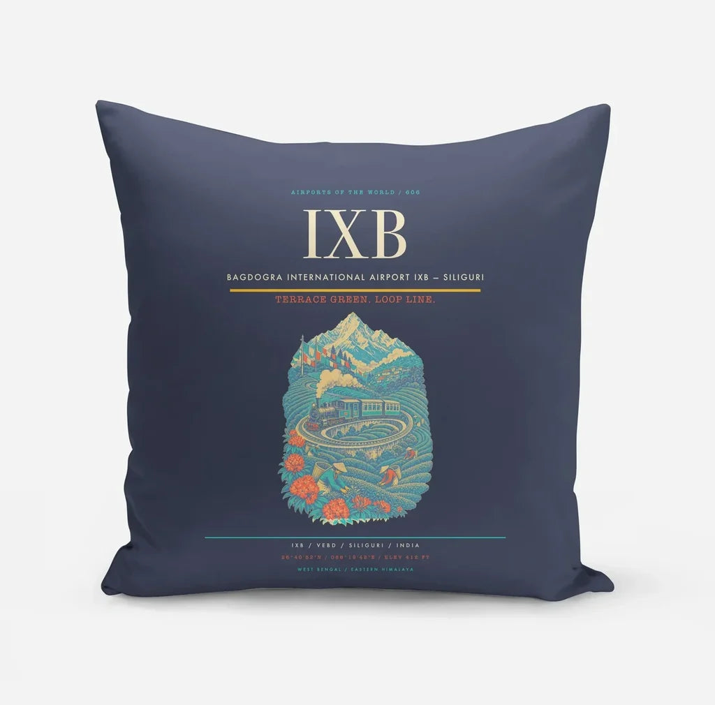Bagdogra International Airport (IXB) design on navy blue pillow