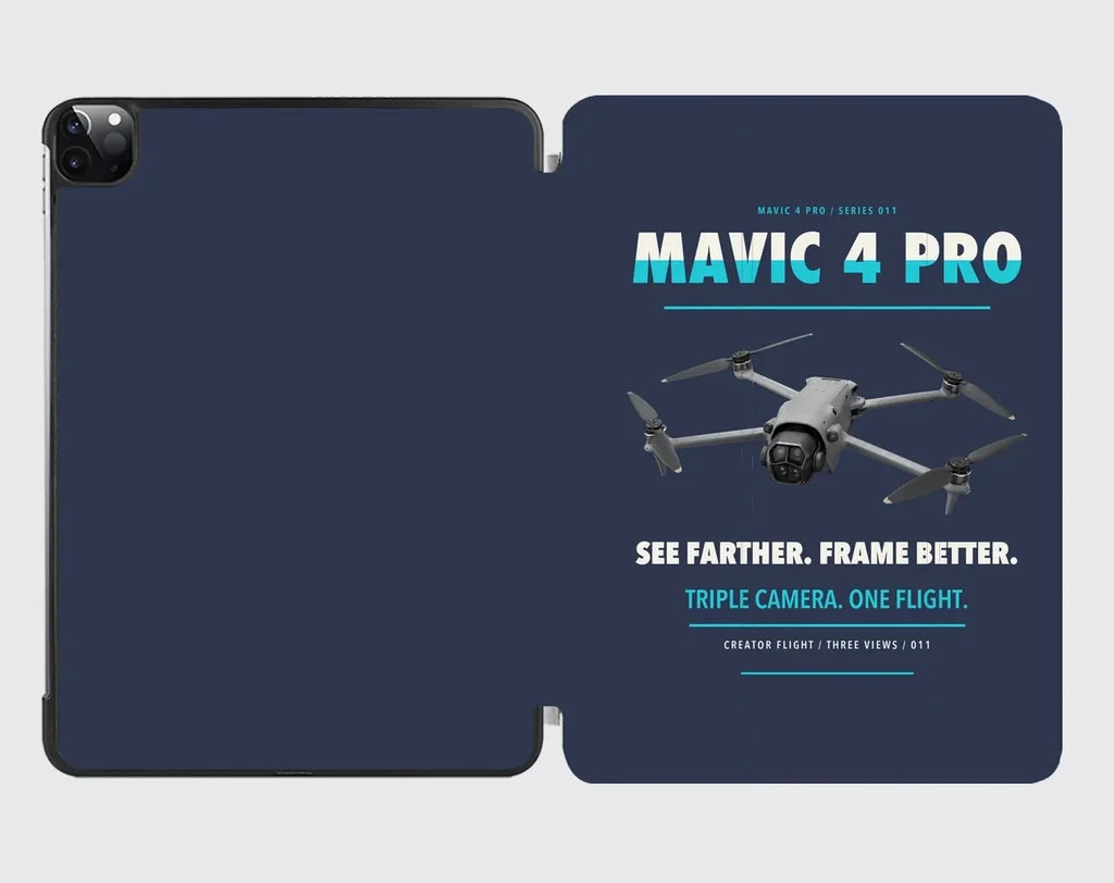 DJI Mavic 4 Pro design on navy blue ipad tablet case